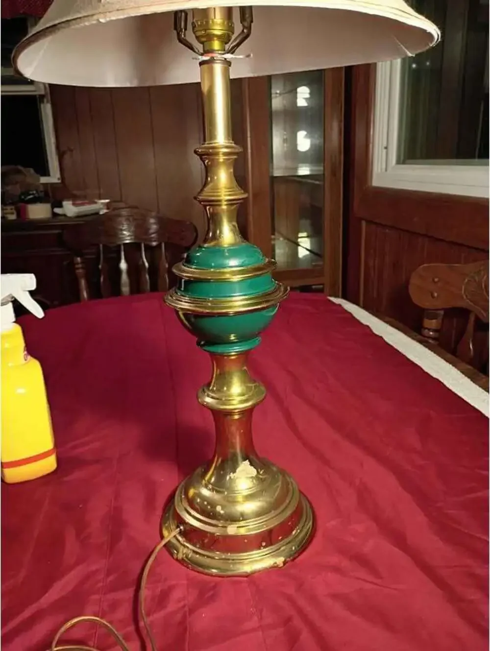 Vintage Brass Table Lamp with Green Accents and Beige Shade